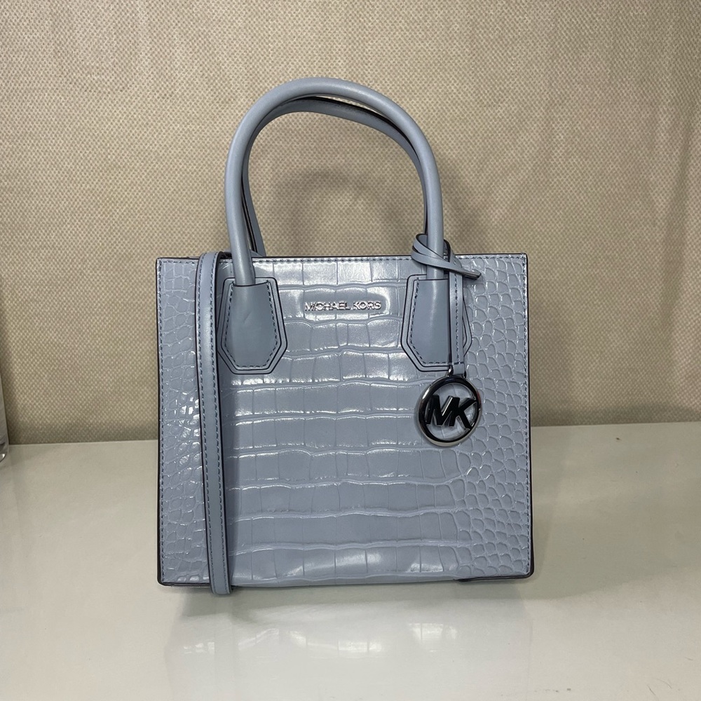 Michael Kors Blue Mercer Embossed Croc Crossbody